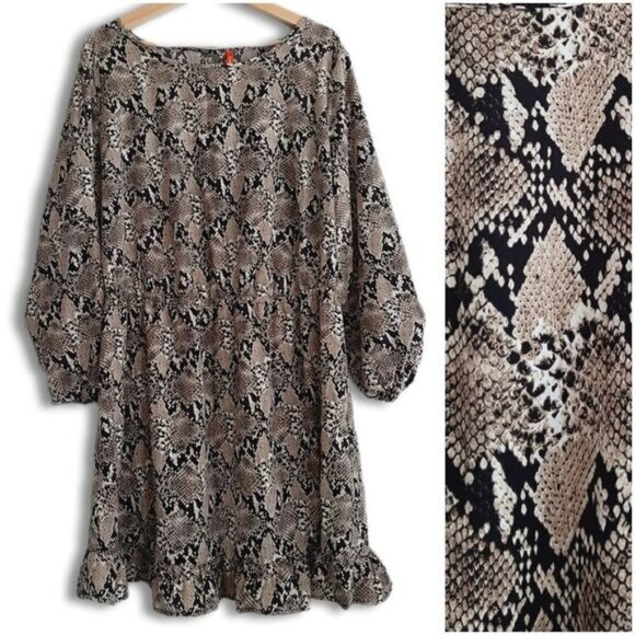 JOE FRESH / Flowy Ruffle Hem Scoop Neck Midi Dress Snake Print Sz 1X - Picture 1 of 14